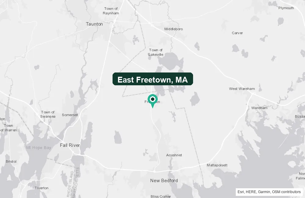 Map of East Freetown, Massachusetts and the surrounding Bristol County area service area